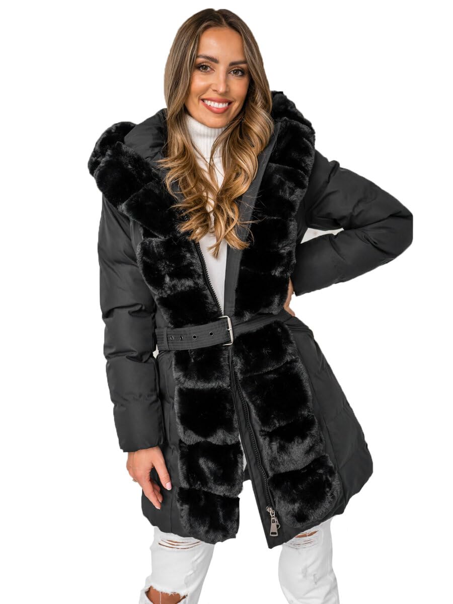 BOLF Damen Winterjacke Parka Gefüttert mit Kunstfell Kapuze Wintermantel Lange Steppjacke Daunenjacke Puffermantel Sportjacke Warm Gefüttert Freizeit Outdoor Casual Style 5M3158 Schwarz XL [D4D]