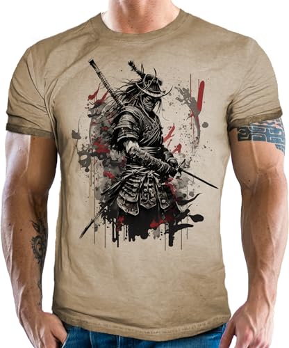 Herren T-Shirt mit Tattoo Design im vintage Used Look: Samurai für Japan Fans