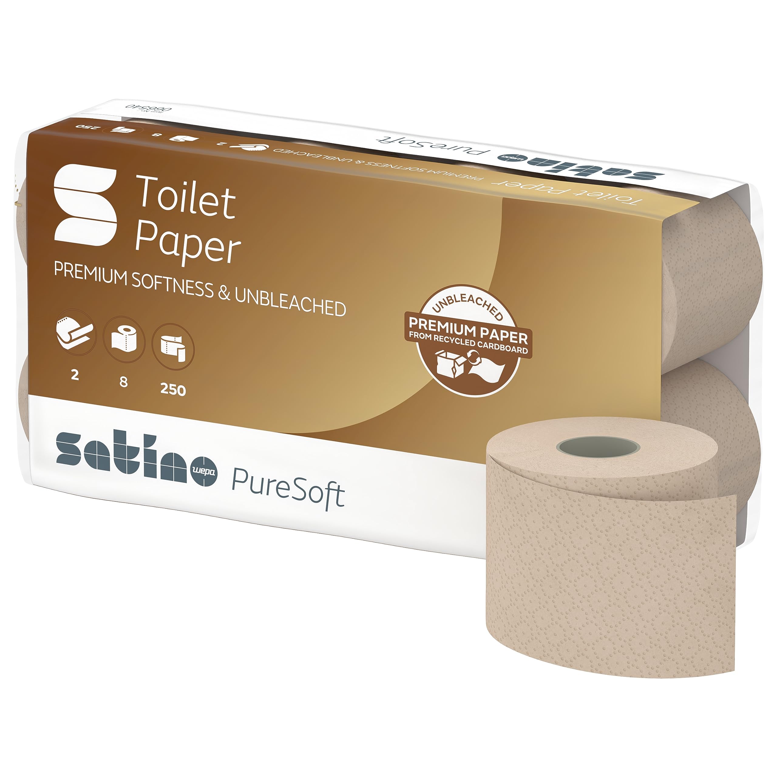 Satino PureSoft Toilettenpapier 2-lagig – extrem weich & äußerst umweltfreundlich dank 100% Recyclingpapier – Made in Germany – 100% recycelbar – Großpackung mit 64 Rollen – 250 Blatt je Klorolle