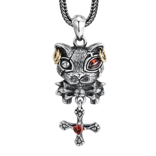 VOYADE S925 Sterling Silber Kreuz Kätzchen Anhänger, Männer Mode Bogen Katze Anhänger Halskette,Silber,Pendant + Chain 55cm