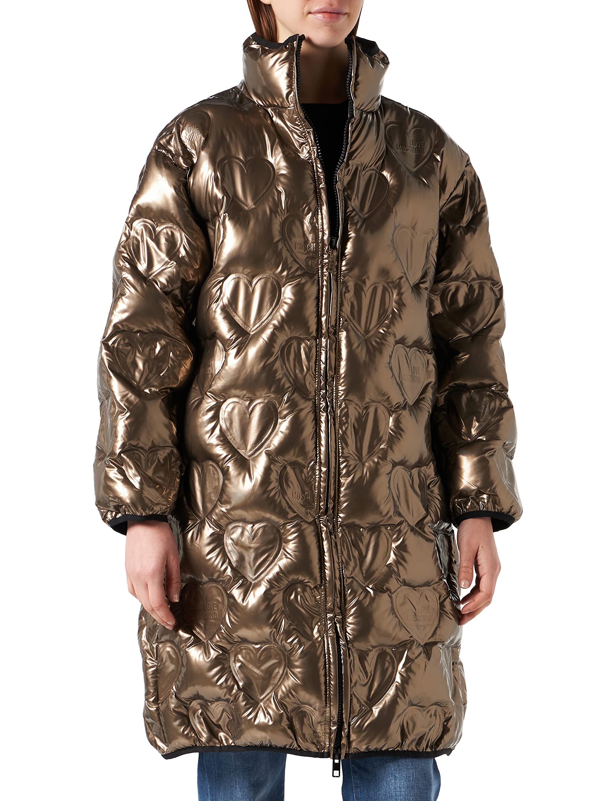 Love Moschino Womens Long Padded Logo Thermo Quilted Nylon with Hood Jacket, Brown, 46