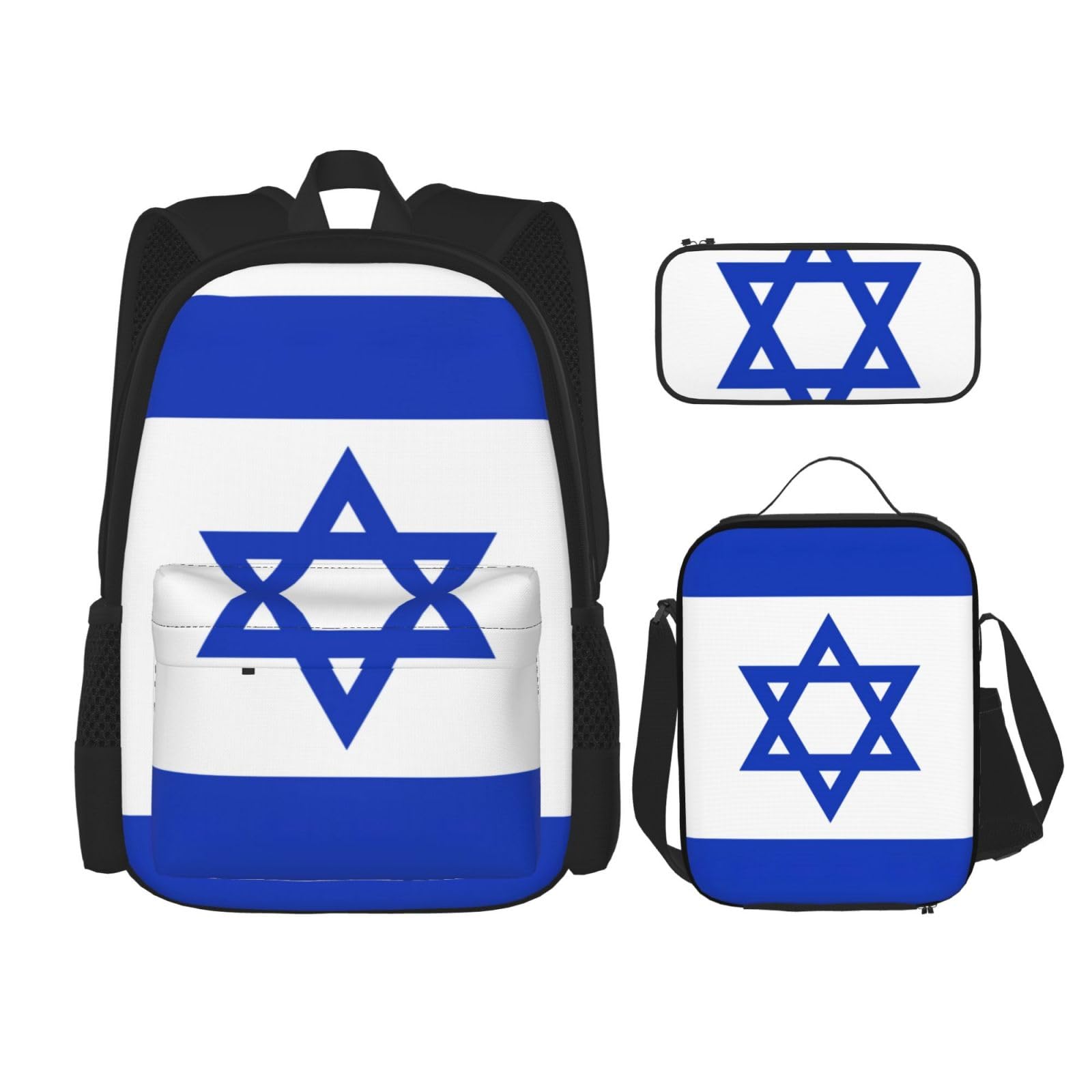 WURTON Trendige Rucksacktaschen mit israelischem Flaggen-Druck, Lunchbox und Federmäppchen, 3-in-1, verstellbares Rucksack-Set, Schwarz, Einheitsgröße, Schwarz , Einheitsgröße