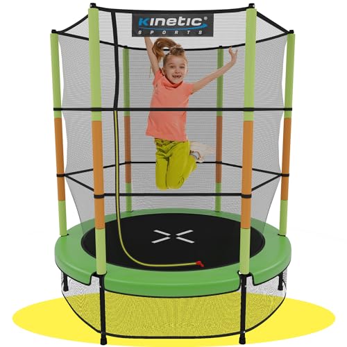 Kinetic Sports Trampolin Kinder Indoortrampolin Jumper 140 cm Randabdeckung Stangen gepolstert, Gummiseil-Federung Sicherheitsnetz Grün