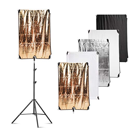 Reflektor-Set mit Flaggen-Panel 80x100cm, 5-in-1 Fotografie-Beleuchtungsreflektor mit 250cm Lichtstad und Tragetasche, weiß, gold, schwarz, silber und lichtdurchlässiger Diffusor für Fotostudio