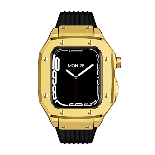 KANUZ Uhrenarmband aus Legierung für Apple Watch Band Serie 8 7, 45 mm, luxuriöses Metall, Gummi, Edelstahl, Modifikation, Mod-Kit, Uhrenarmband (Farbe: Schwarz-Gold, Größe: 42 mm)