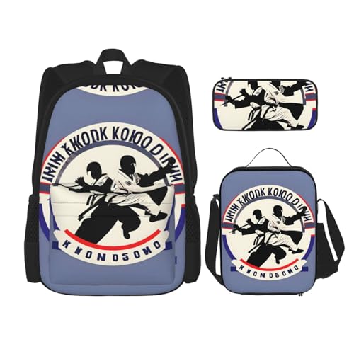 WURTON Taekwondo Design Druck Reise Lunchbox Federmäppchen Rucksack Set 3 Stück Verstellbare Träger Leicht