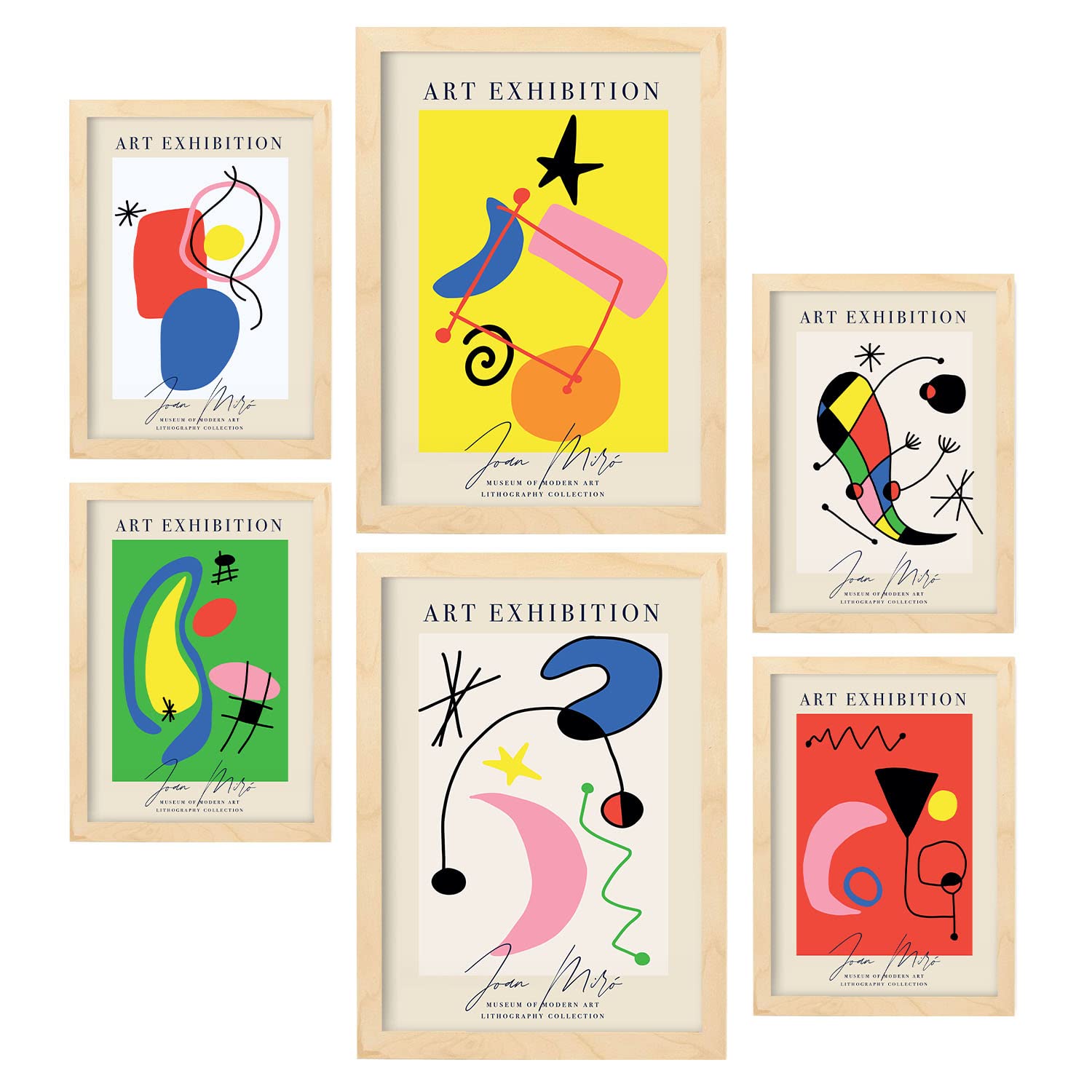 Nacnic Set von 6 Miró Kunst Posters. Sammlung von Plakate mit Collage Ästhetik für Innendekoration. Größen A3 und A4. Rahmenlos