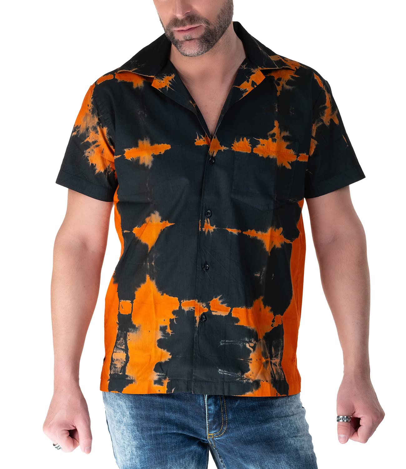 Comycom Kurzarm-Hemd Batik Orange-Schwarz XL