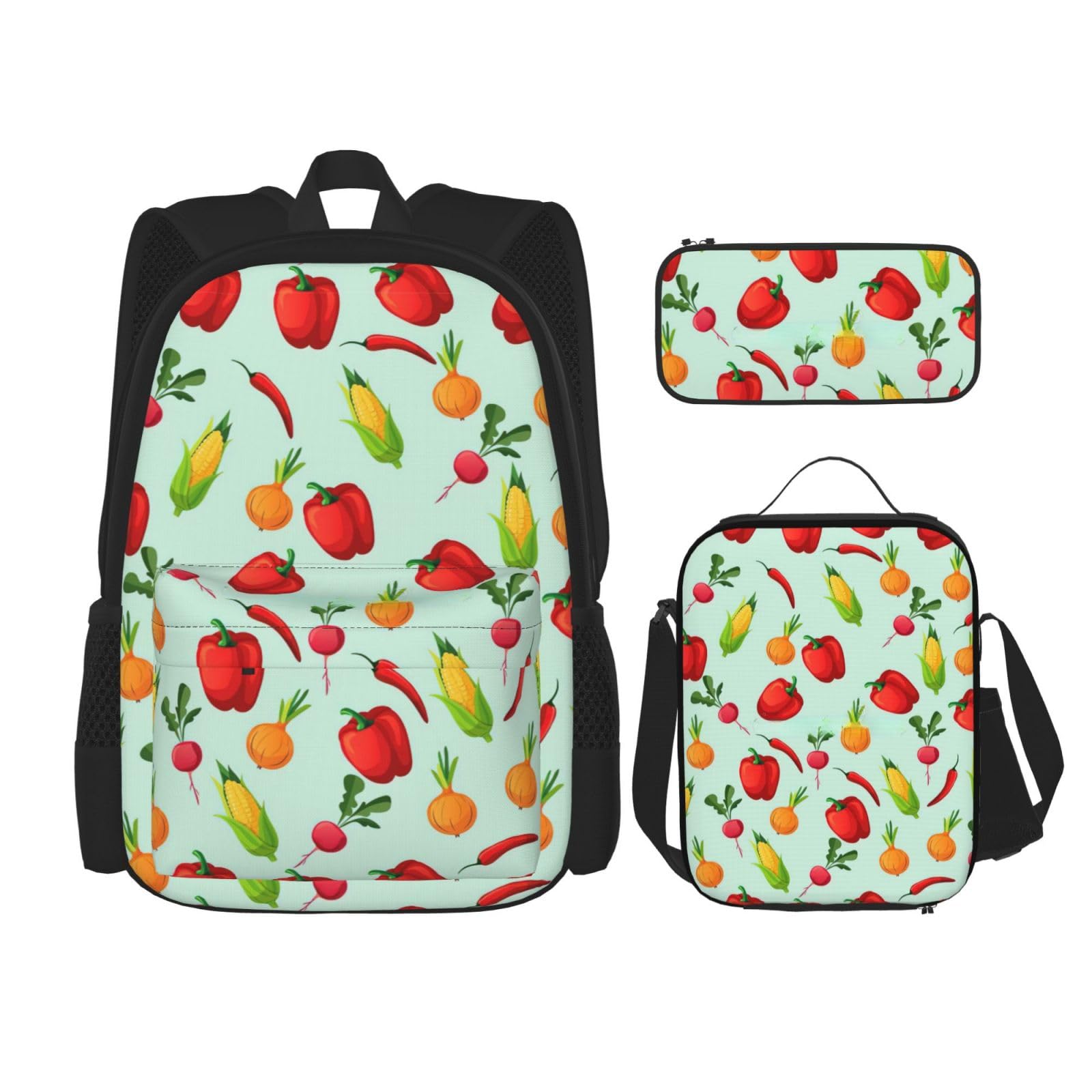 WURTON Schöne Schmetterlinge Druck Reise Lunchbox Federmäppchen Rucksack Set 3 Stück Verstellbare Träger Leicht, Schwarz, Einheitsgröße