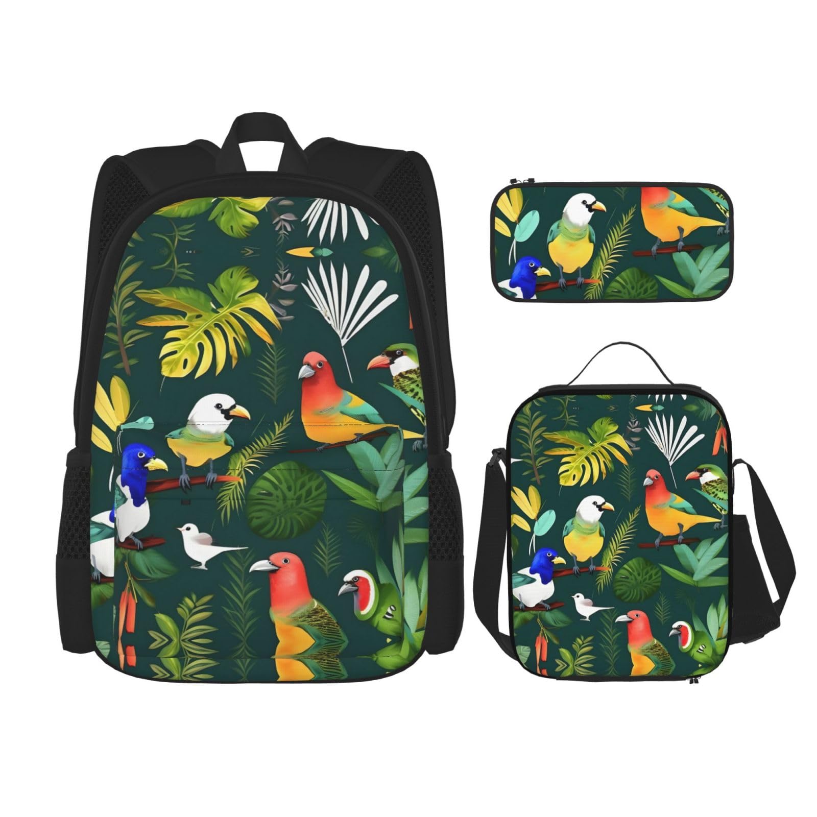 WURTON Reise-Lunchbox mit tropischen Vögeln und Pflanzenblättern, Federmäppchen, Rucksack-Set, 3-teilig, verstellbare Riemen, leicht, Schwarz, Einheitsgröße