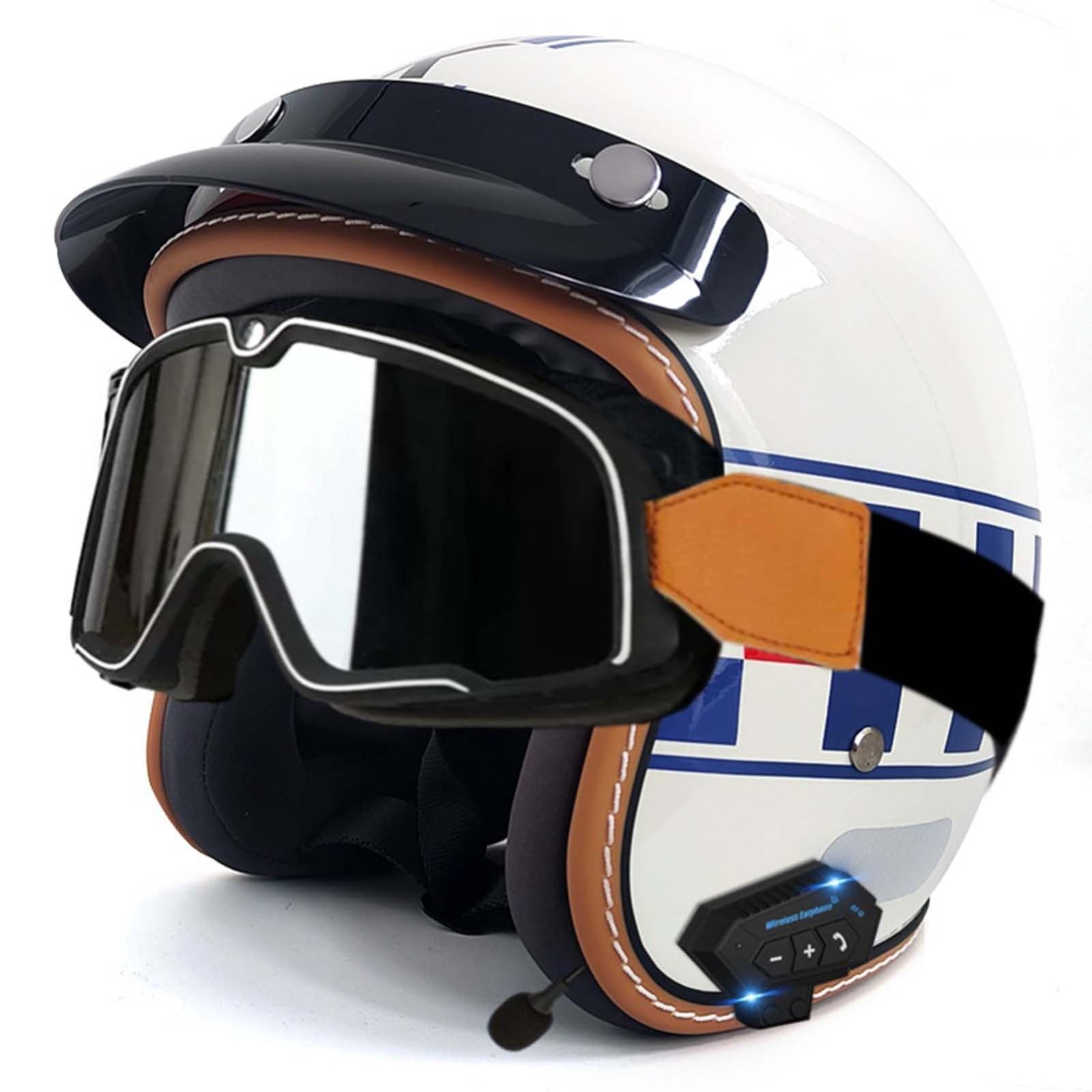 Open-Face-Helm Für Erwachsene, Bluetooth-Halbhelm, Leichter, Atmungsaktiver Retro-Scooter-Helm Mit Schnalle, DOT/ECE-Zulassung Für Männer Und Frauen E,XL61-62CM