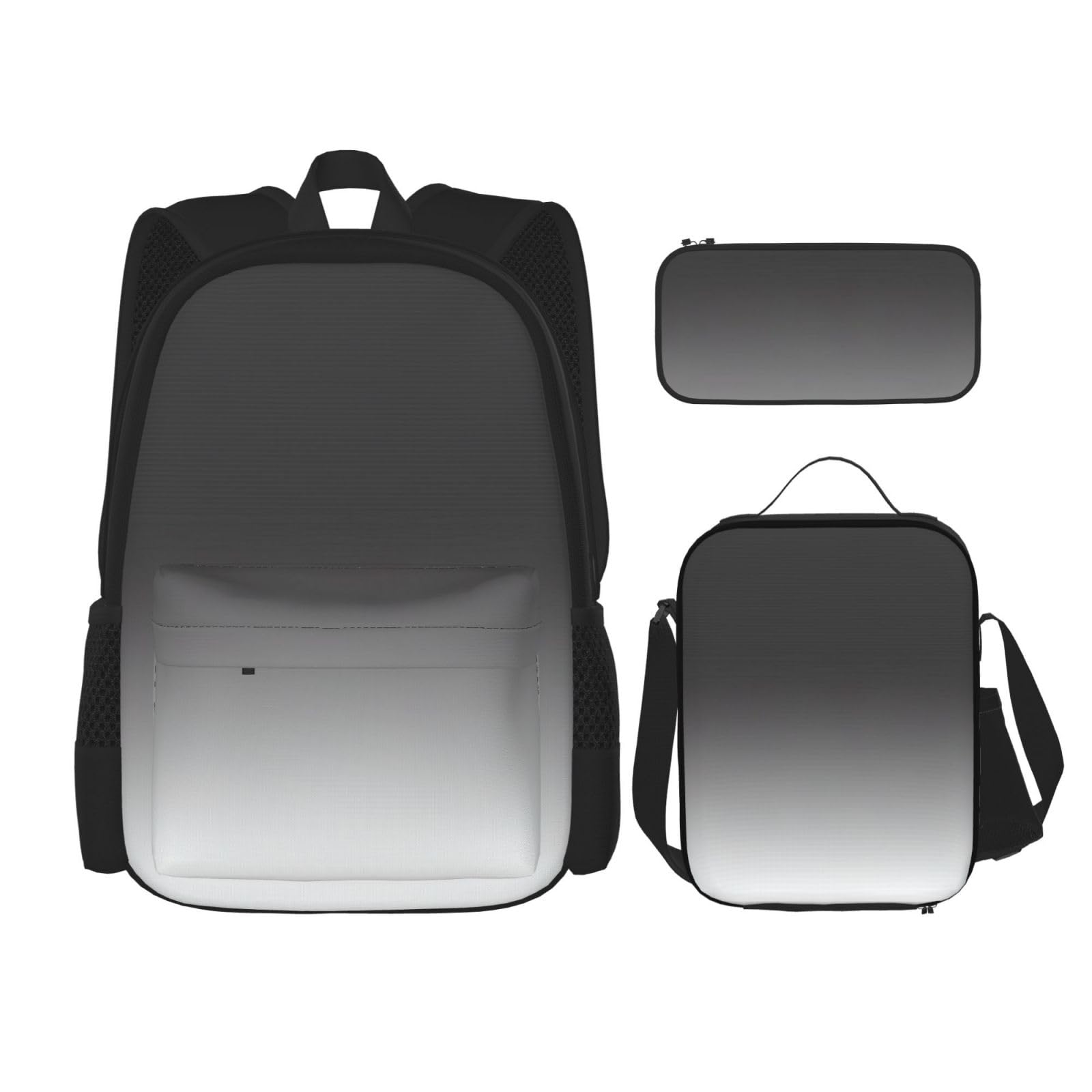 WURTON 3-in-1 Büchertaschen-Set, verstellbarer Schulter-Rucksack, Lunch-Tasche, Federmäppchen, Beutel, Box, Schwarz, Einheitsgröße