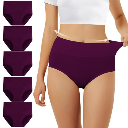 FALARY Unterhosen Damen Baumwolle Hohe Taille 5er Pack Stretch Atmungsaktiv Panties Weich Frauen Unterwäsche Sportunterhosen für Damen S Violett