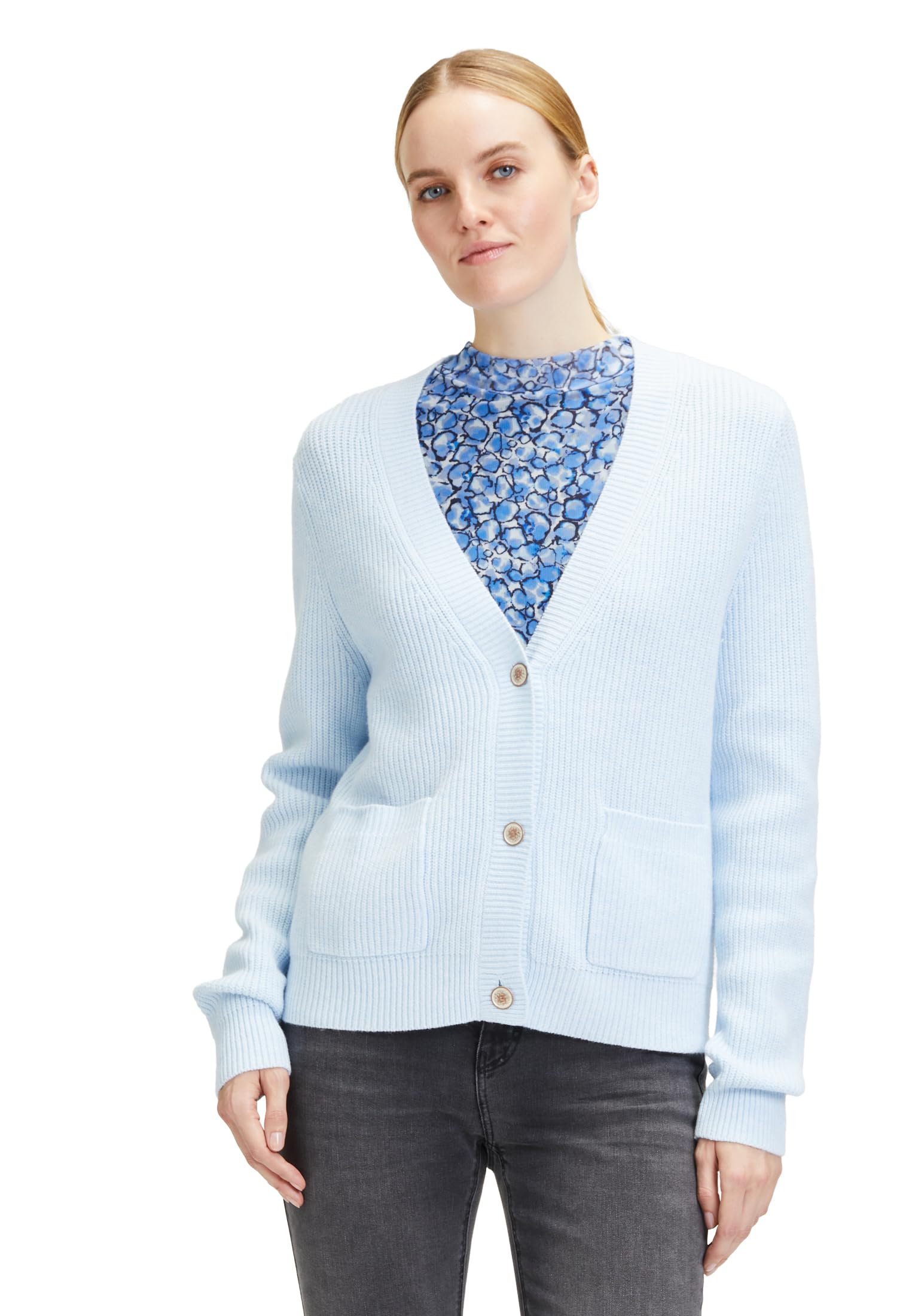 Cartoon Damen Strick-Cardigan mit V-Ausschnitt Light Blue Melange,38