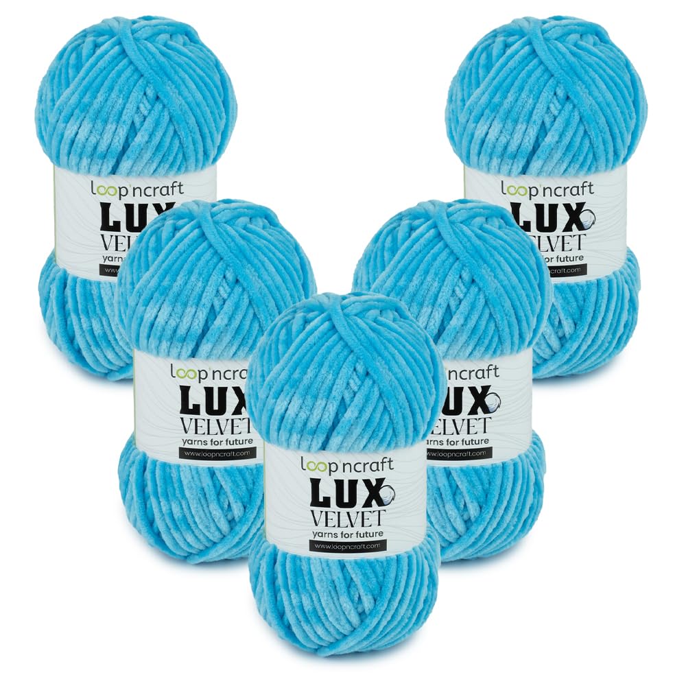 Chenille Wolle 5er-Set, Türkis, Loopncraft, 5 X 100g, Lux Velvet, Super Weiches Samtgarn