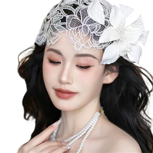 Damen Fascinator Braut Hochzeit Schleier Mesh Spitze Stirnbänder Party Kopfbedeckung Fascinator Schleier Stirnbänder Für Frauen Weiße Spitze Haarband