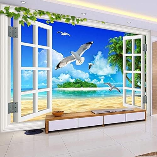 XLMING Portrait Fenster Meerblick Strand Kokosnussbaum Raumerweiterung 3D Tapeten Home Esszimmer Sofa Schlafzimmer Wohnzimmer TV Hintergrund-250cm×170cm