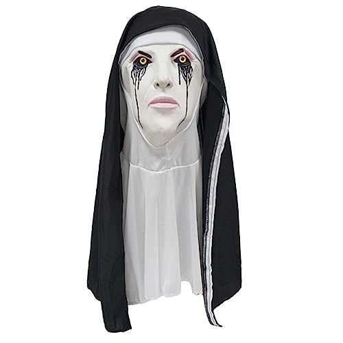 Realistische Nonnenmaske mit Kopftuch, gruselige Nonnenmaske mit blutigem Mund, Horror-Filmmaske für Halloween, Cosplays, gruselige Nonnenmaske mit blutigem Mund