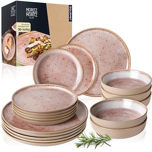 Moritz & Moritz TERRA 36-tlg Geschirrset 12 Personen – Teller Set in zartem rosa aus hochwertigem Porzellan – Geschirr Set 12 Personen aus je 12x Speiseteller, Dessertteller und Schalen