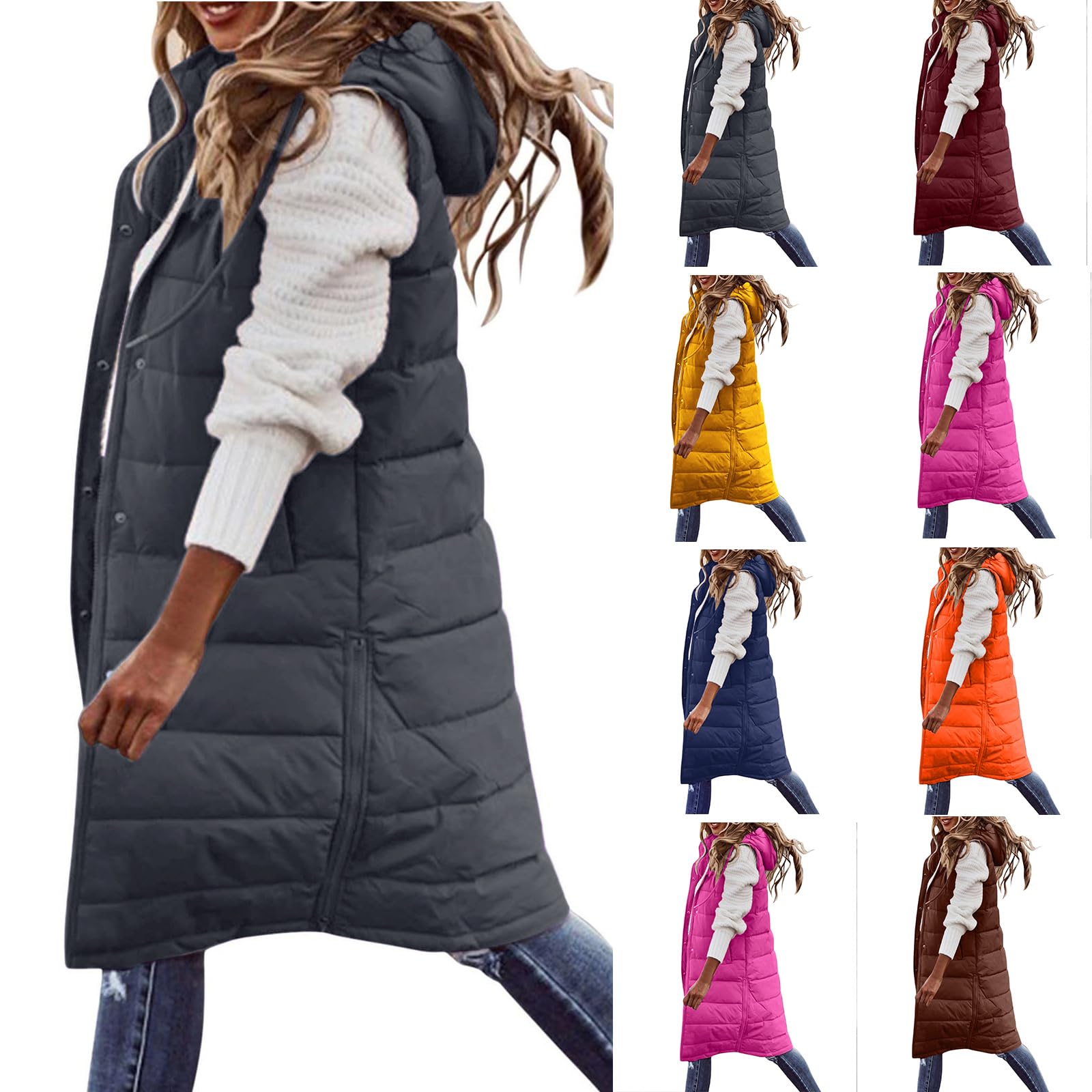 CSHE Wintermantel Damen Lang, Warm Steppmantel mit Kapuze, Daunenmantel Gefüttert Elegant Steppjacke Winterjacke, Ärmellose Weste mit Taschen und Kapuze