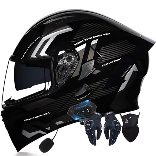 Klapphelm Motorrad mit Bluetooth, Motorradhelm Integrierter Bluetooth-Helm ECE Zertifiziert Moped Full Face Helm Rollerhelm Anti-Fog-Doppelspiegel für Damen Herren 55~62cm