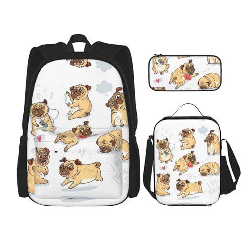 WURTON Lustiger Rucksack mit Hunde-Aufdruck, 3-in-1-Büchertaschen-Set mit Lunchbox, Federmäppchen, Reise-Laptop-Tagesrucksäcke