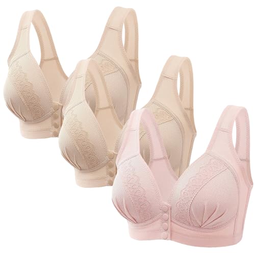 CSHE 3er Pack Große Brüste BH mit Vollem Halt Minimizer BH mit Gepolstert BH Bustier Ohne Bügel Damen Klassische BH Frauen Push Up Bralette BH mit Vorderverschluss 80-115BCD Rosa Beige 85C