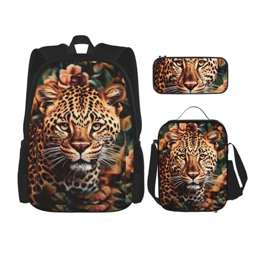 DENMER Mehrzweck-Schulranzen mit Leopardenmuster und passendem Federmäppchen und Lunchtasche - Ihre stilvolle All-in-One-Lösung, gestreiftes Leopard, Einheitsgröße