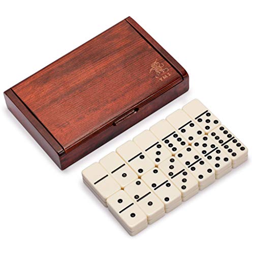 Yellow Mountain Imports 28 Tiles Double 6 Dominoes (Pips/Dots) Game Set with Dark Oak Wood Case