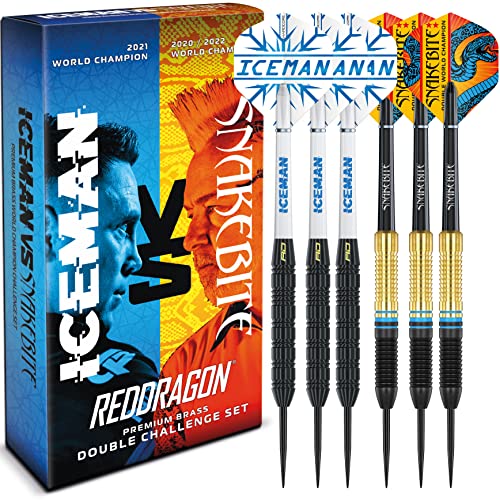 RED DRAGON Peter Wright 'Snakebite' v Gerwyn Price 'Iceman' DWC Steel Tip Dartset aus Messing mit Flights und Schäften