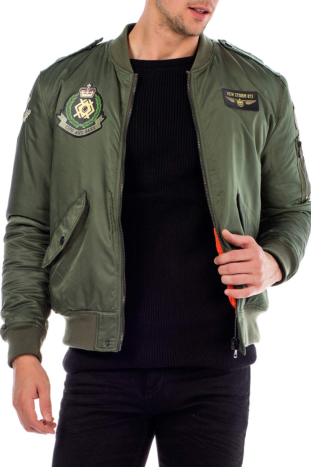 Cipo & Baxx Herren Bomberjacke Übergangsjacke Fliegerjacke Jacke im Military-Still mit Patches Gr.L Grün