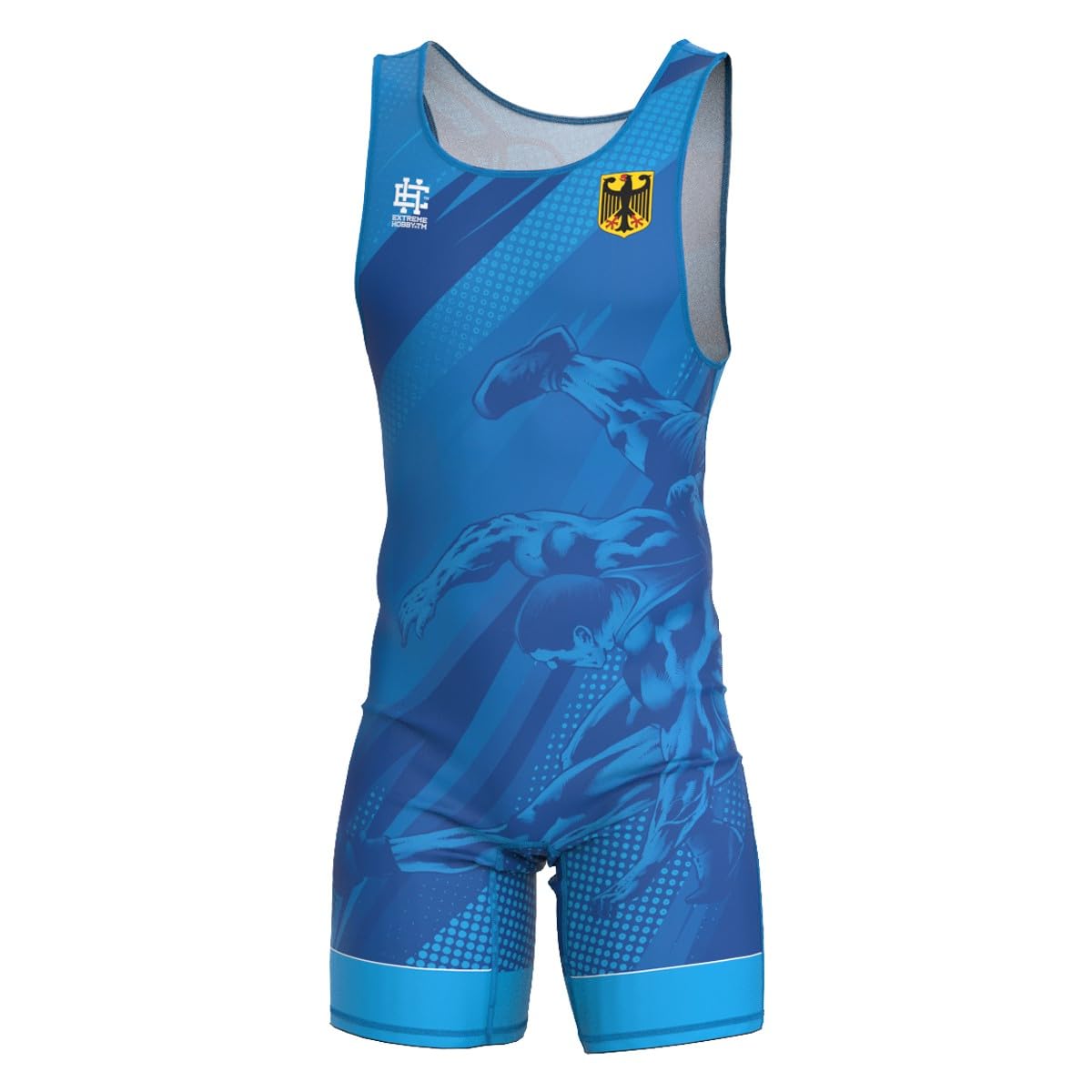 Extreme Hobby Wrestling-Trikot für Männer Deutschland, Kompressionstrikot REH-TECHRESPONSE One-Piece Sleeveles Bodysuit Ringer-Trikot Herren, 3XL, Blau