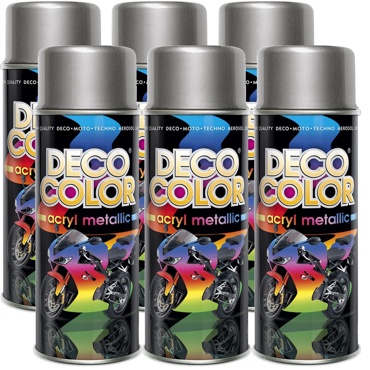 Deco Color 6er Sparpack Lackspray Metallic SILBER 400ml - Sprühlack mit Metallic Effekt für z.B. KFZ, Fahrrad uvm. (6 Dosen Lackspray Silber mit Metallic-Effekt)