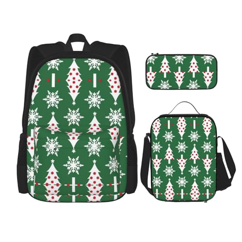 WURTON Schulrucksack-Set mit Weihnachtsbaum-Muster, 3-in-1-Büchertasche, Set mit Lunchbox, Federmäppchen, Reise, Laptop, Tagesrucksack