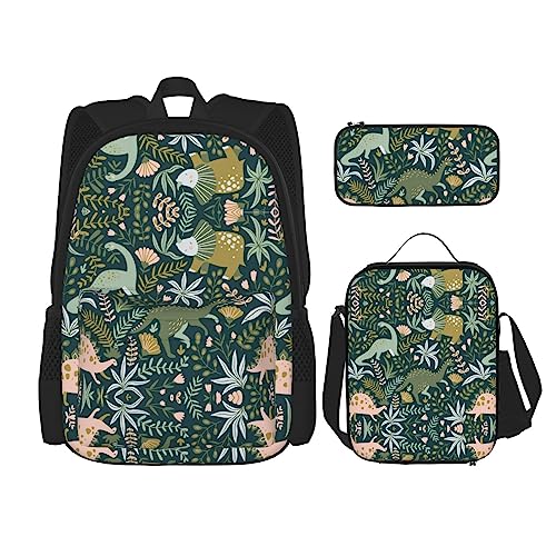 WURTON Niedlicher Dinosaurier-Druck, 3-in-1-Sets, lässig, verstellbar, Schulter-Rucksack, Lunch-Tasche, Federmäppchen, Beutel, Schwarz, Einheitsgröße