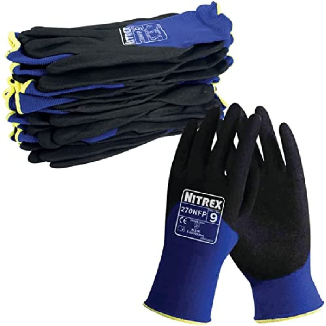 NITREX Unigloves 270NFP Wiederverwendbare Handschuhe mit 3/4 sandiger Knöchelbeschichtung und Nylonfutter, Blau/Schwarz