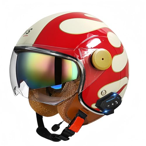 3/4-Bluetooth-Helm mit offenem Gesicht, Vintage-Motorrad-Halbhelm, ECE-zugelassenes Moped mit Doppelvisier, Motorradhelm für Männer, Erwachsene, Frauen C,L59-60CM