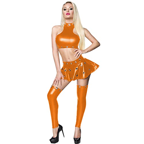 Club Dreiteiler Leder Crop Top Und Minirock Strumpf Lady Bodycon Pole Dance Party Kleidung Set,Orange,6XL
