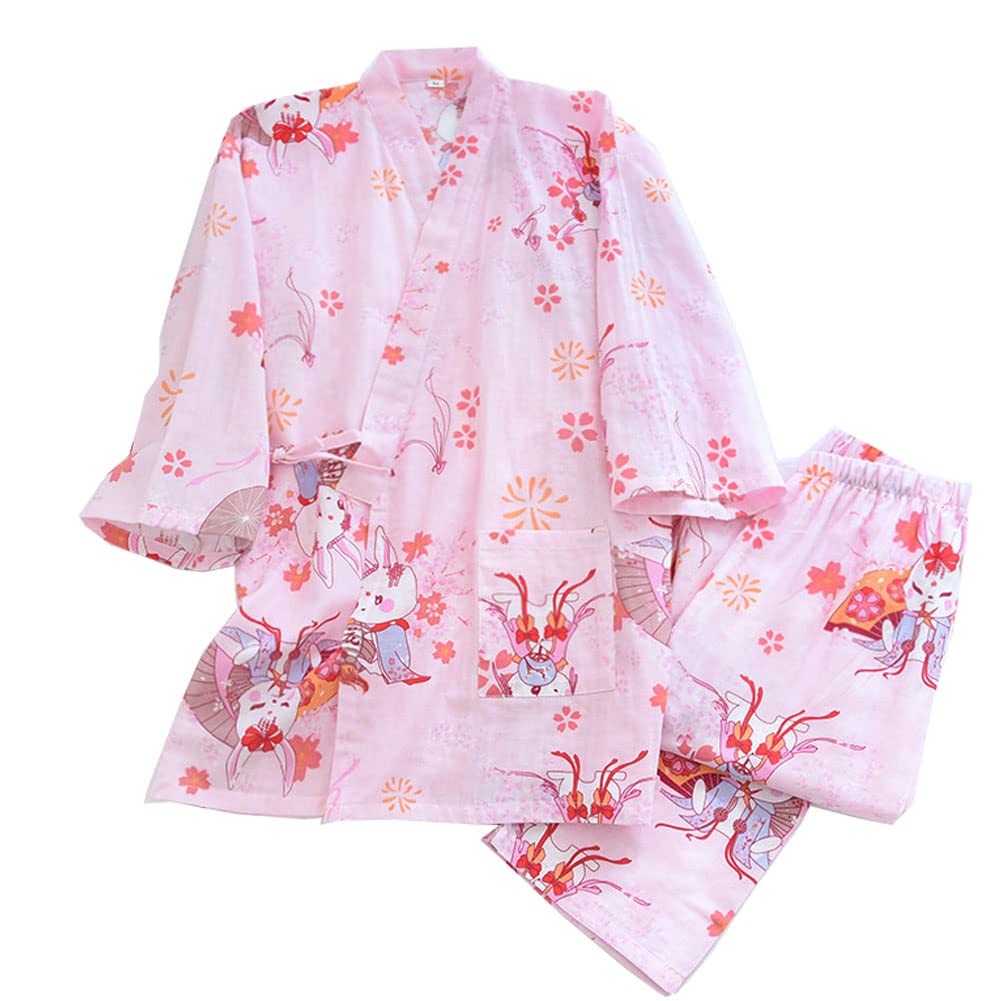 Fancy Pumpkin Damen Kimono Robe Yukata Bademantel Pyjama Anzug [Rosa Beten Kaninchen, Größe L]