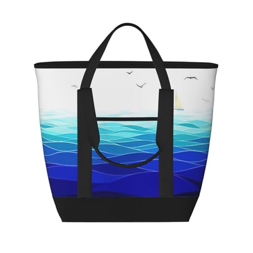 YQxwJL Ocean Waves Segelboot mit Vögeln, maritimer Druck, große Kapazität, isolierte Lunchtasche, wiederverwendbare Einkaufstasche mit Reißverschluss für Damen und Herren