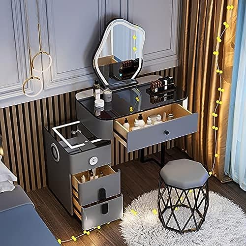 Schminktisch mit 3-farbig beleuchtetem Spiegel, Make-up-Schminktisch-Set mit kabelloser Ladestation und Bluetooth-Lautsprecher, 5 Schubladen, beweglicher Nachttisch, Schminktisch mit Hocker