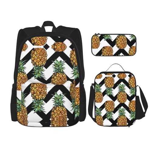 WURTON Schulrucksack-Set mit Ananas und schwarz-weiß gestreiftem Druck, 3-in-1-Büchertaschen-Set mit Lunchbox, Federmäppchen, Reise-Laptop, Tagesrucksäcke