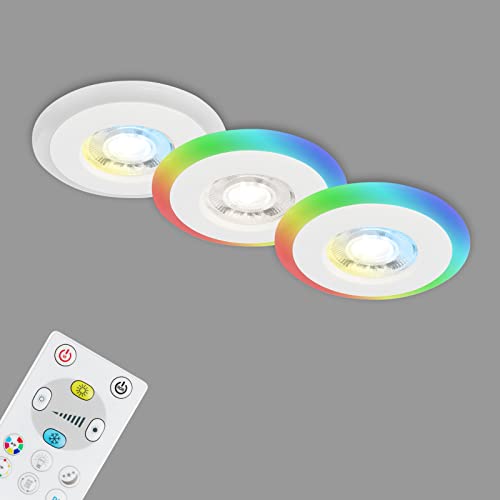 Briloner Leuchten - 3er Set Einbauleuchten Decke LED, LED Lichtring RGB CCT, Einbaulampen flach LED, Einbaustrahler Bad, Badeinbaustrahler IP44, Weiß, 84x34 mm (DxH)