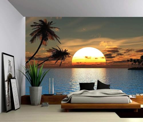 Sonnenuntergang Meer Palmen 3D Tapete Poster Restaurant Schlafzimmer Wohnzimmer Sofa TV Dekorative Wand-150cm×105cm