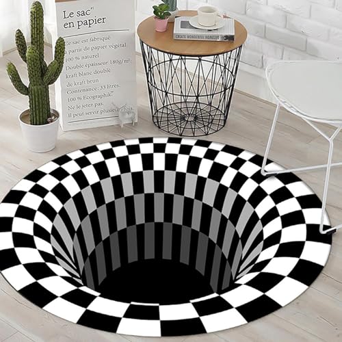 Dazzluxe 3D-Teppich Mit Optischer Täuschung Runder Schwarzes Loch, Stereo-Teppich, Illusions-Flanell-Teppiche, Schwarz-Weiß Ultraweiche, rutschfeste Teppiche Für Wohnzimmer, Schlafzimmer,D,4 ft