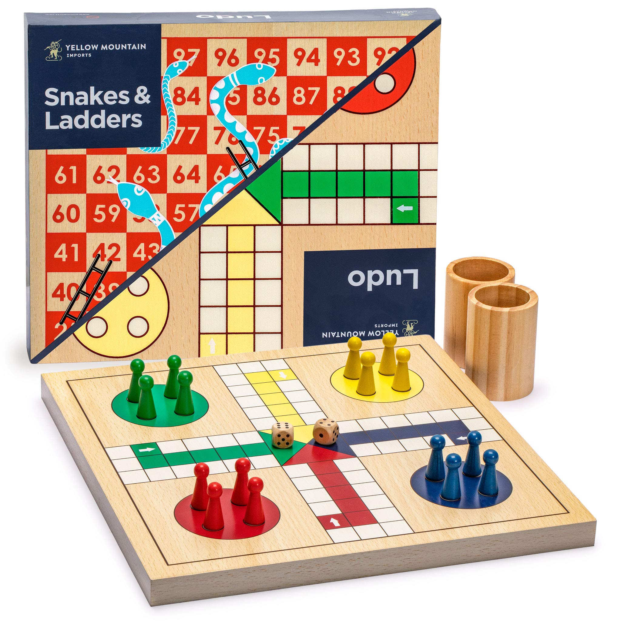 Yellow Mountain Imports 2-in-1 Schlangen und Leitern, und Ludo Spielset aus Holz - 29 Zentimeter