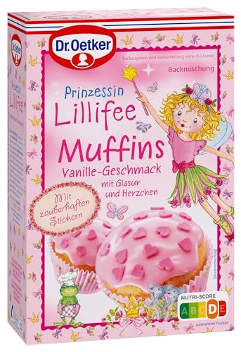 Dr. Oetker Prinzessin Lillifee Muffins mit Vanille-Geschmack, 6 x 397 g, Backmischung für 12 Muffins, mit rosa Glasur & rosa Dekorherzchen, ideal zum Kindergeburtstag, inkl. Papierbackförmchen