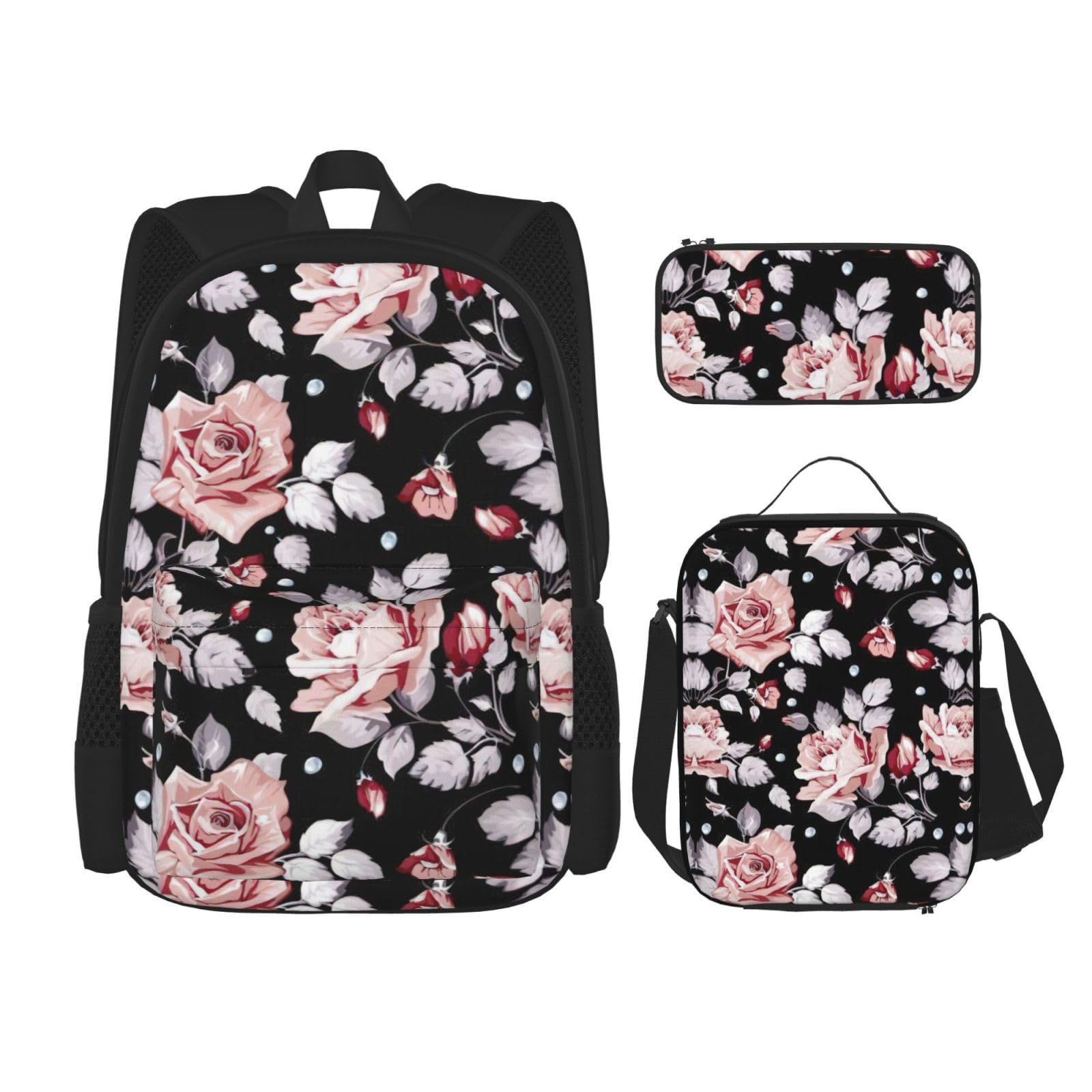 WURTON Rosa Blumendruck Rucksack Mädchen Jungen Schultaschen Teenager Lunchbox und Federmäppchen 3 in 1 Büchertaschen Set