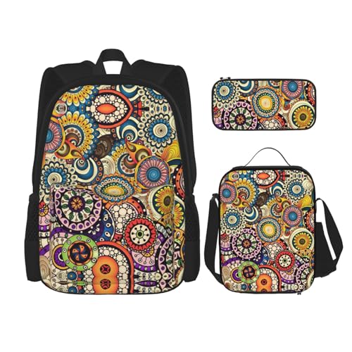 WURTON Ethnische Kreise Blumenmuster Druck Verstellbare Schultergurte Rucksack Set Mittagessen Tasche Federmäppchen Kombination Taschen Set