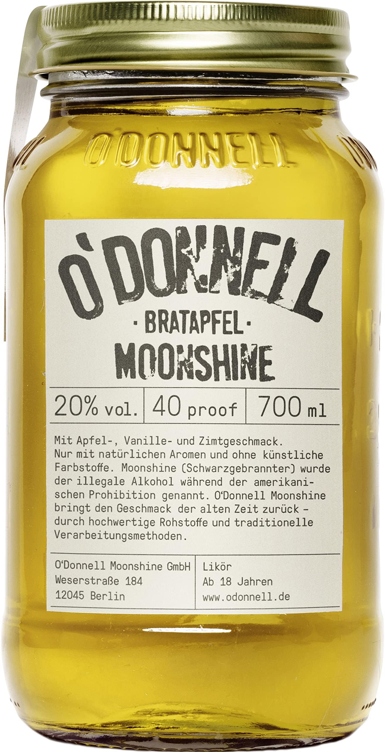 O'Donnell Moonshine “Bratapfel” Likör (700 ml) I Natürliche Zutaten I Vegan I Premium Schnaps nach amerikanischer Tradition I 20% Vol. Alkohol | Geschenkidee | Mason Jar